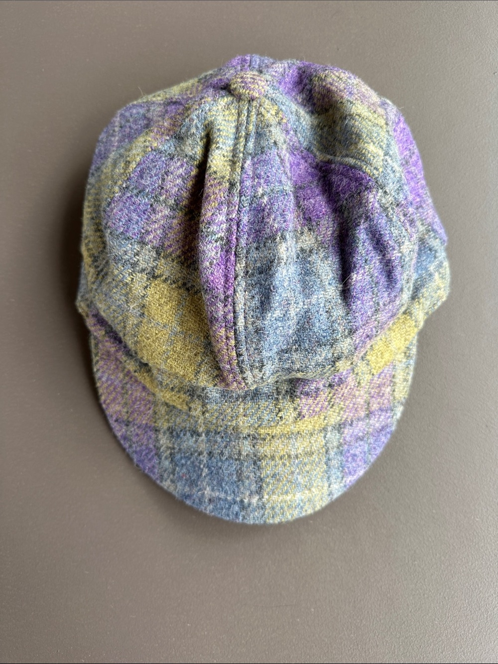 Plaid Wool Newsboy Cap in Purple and Gray with Yellow Accents